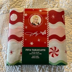 DOLLY PARTON Christmas  60" x 84" Tablecloth PEVA Holly Peppermint Red Pink New